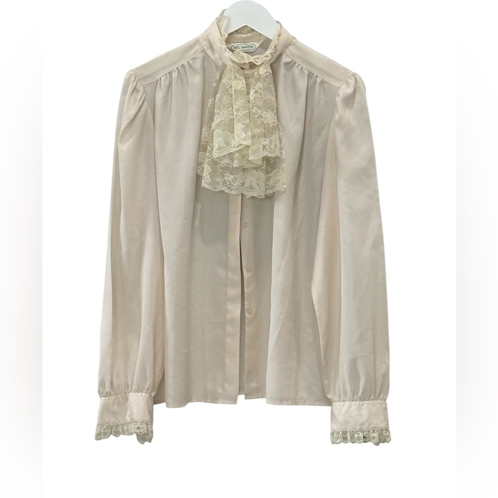 Vintage Neil Martin Cream Lace High Neck Secretary Blouse Size 10